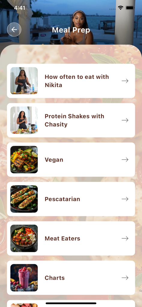 CURVD by Capri Curves - Meal prep menu in the CURVD app with categories for vegan pescatarian and meat eater diet plans