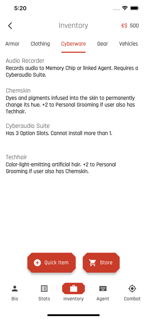 Inventory screen of the Cyberpunk Red Companion app showing a list of cyberware items like Chemskin and Techhair with their descriptions.