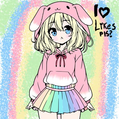 pretty anime girl wearing a fluffy hoodie with bunny ears on the hood and a skirt