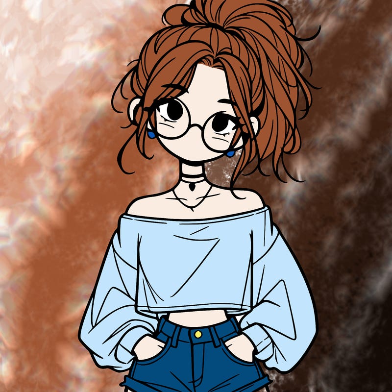 girl with a messy ponytail glasses a baggy crop top and jean shorts