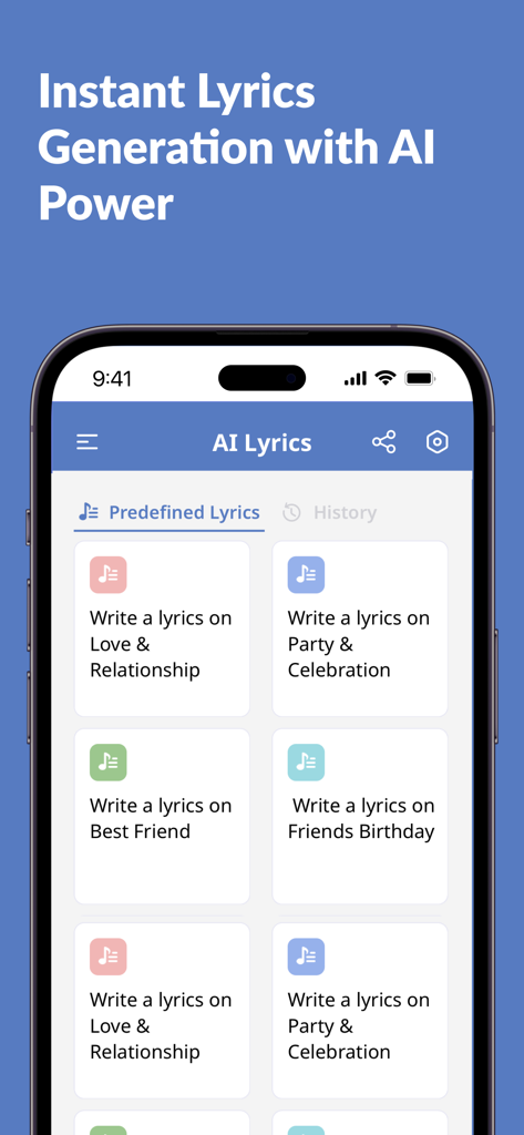 AI Lyrics Generator-Song Maker - 愛、パーティー、友情のテーマの歌詞作成テンプレートを示すAI歌詞ジェネレーターアプリのインターフェース