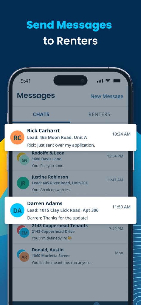 TurboTenant for Landlords - TurboTenant for Landlords app interface showing the in-app messaging feature with a list of chats from renters and applicants