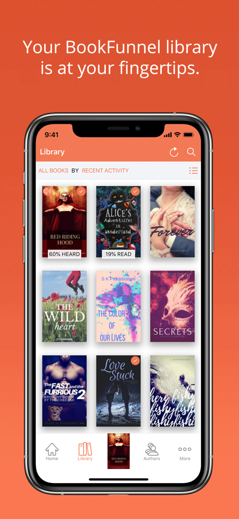 BookFunnel - BookFunnelモバイルアプリのライブラリビュー。進捗トラッカー付きの電子書籍とオーディオブックのグリッドが表示されています。