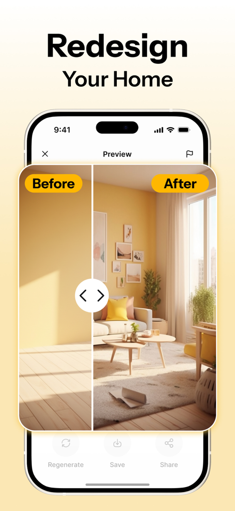 AI-powered before and after room redesign comparison in HomeMagic app.