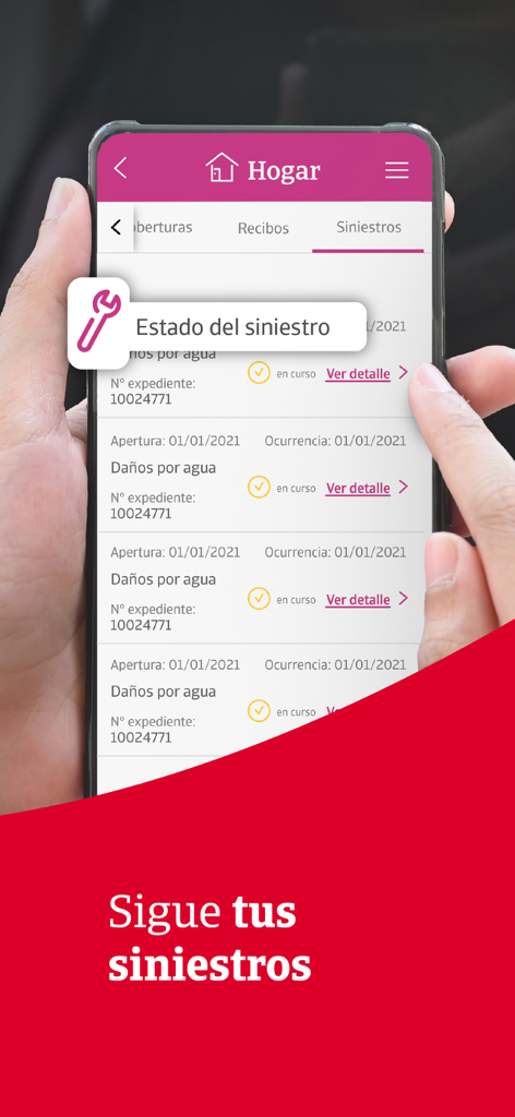 Interfaz de la app móvil que muestra el seguimiento y estado de las reclamaciones del seguro de hogar en español