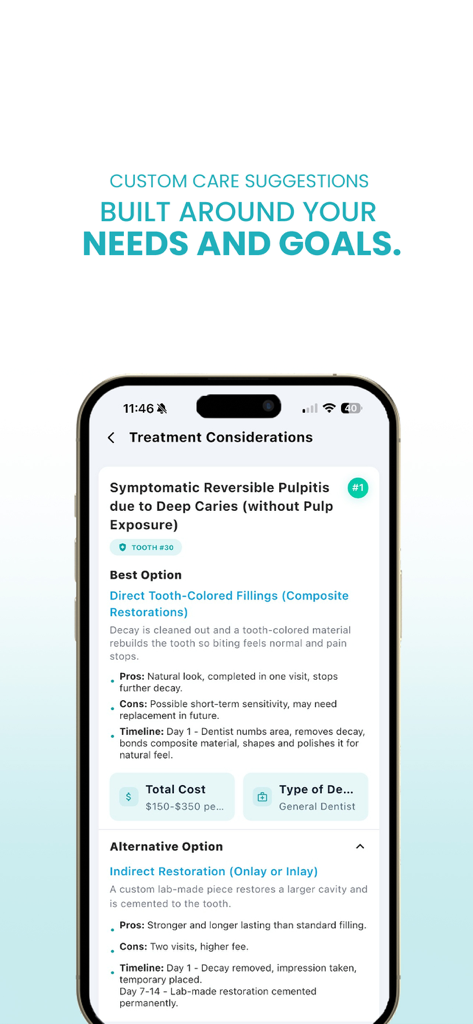 DentaSmart - Un écran mobile de l'application DentaSmart détaillant les coûts des options de traitement dentaire et les avantages et inconvénients pour un problème de santé bucco-dentaire spécifique