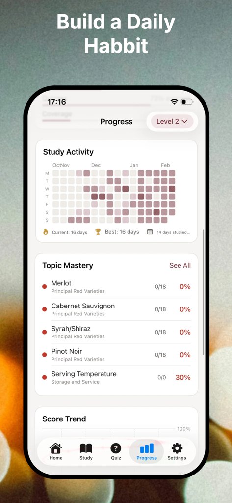 Progress dashboard of the VinoPrep app showing a study activity heatmap, topic mastery for different wine varieties, and a 16-day streak.