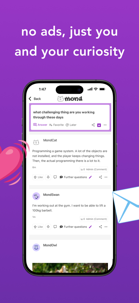 mond - anonymous q&a platform - Oberfläche der anonymen Mond Q&A-Plattform, die Fragen und Antworten auf einem Mobilbildschirm anzeigt