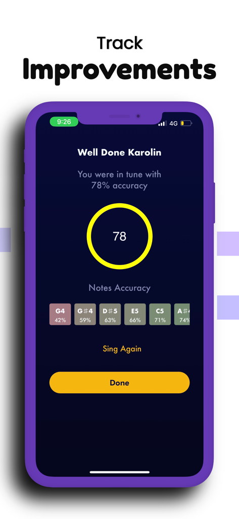 Sing Whiz app screen displaying a 78 percent vocal accuracy score with a detailed breakdown of note accuracy percentages.