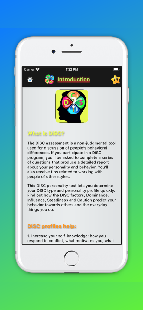DISCテストアプリの紹介画面。行動アセスメントとプロフェッショナルなメリットについて説明しています。