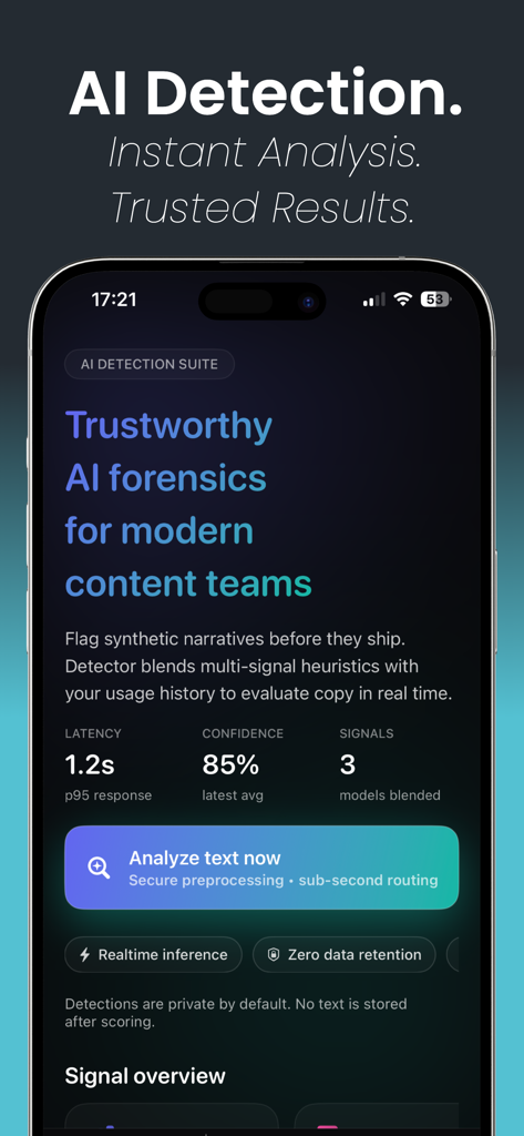 AI Detector - Humanizer - AI Detector app dashboard showing text analysis metrics and content verification tools