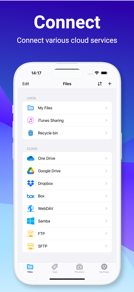 Interface do aplicativo File Hub mostrando armazenamento local e vários serviços de nuvem como OneDrive, Dropbox e SFTP