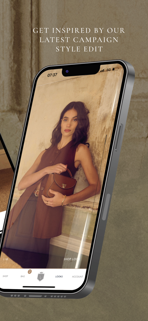 Fairfax & Favor - Fairfax and Favor app screen showing a fashion campaign with a model holding a luxury leather handbag.