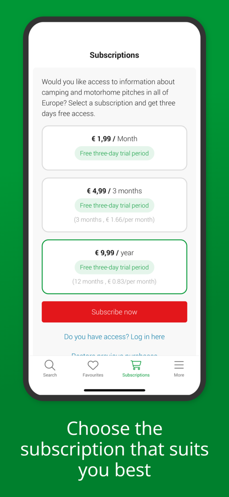 Subscription options for the ACSI Campsites Europe app showing monthly and annual pricing plans with a free trial.