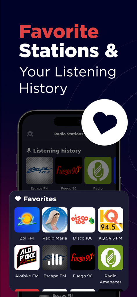 Dominican Radio Live FM & AM - Interface of the Dominican Radio app displaying a list of favorite stations and listening history