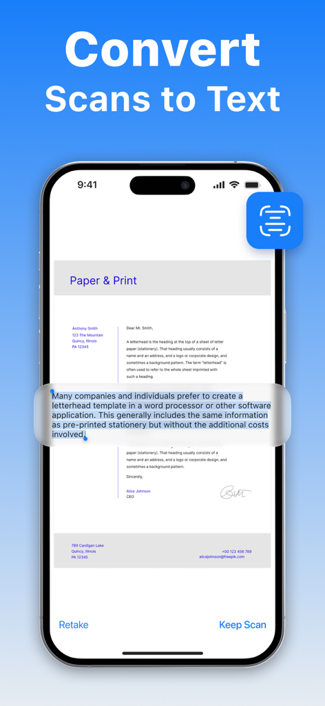 モバイルPDFドキュメントスキャナーアプリでスキャンをテキストに変換するOCR機能を実演するiPhone画面