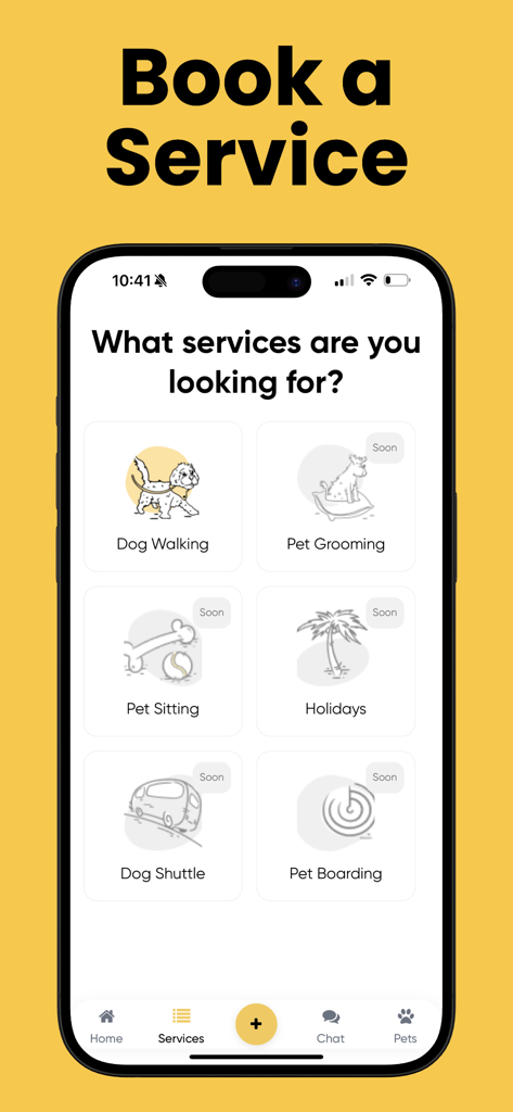 Liesl - Smartphone screen of the Liesl app showing pet care service categories like dog walking and pet sitting.