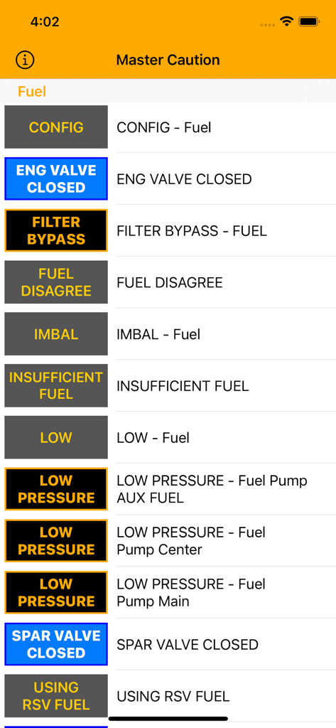 737 Master Caution - A list of Boeing 737 fuel system warning lights and their descriptions in the 737 Master Caution mobile application