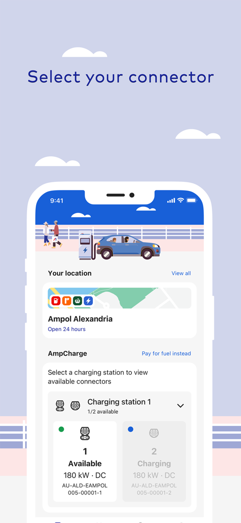 Ampol - Ampol app screen showing available EV charging stations and connector selection