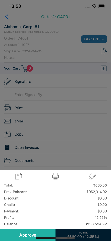 Mobile app interface showing a sales order summary with options for digital signature printing and invoice approval