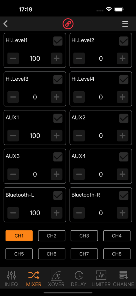 SP480 - Interfaz del mezclador de la aplicación SP480 que muestra los controles de nivel de entrada para fuentes de audio de alto nivel, AUX y Bluetooth