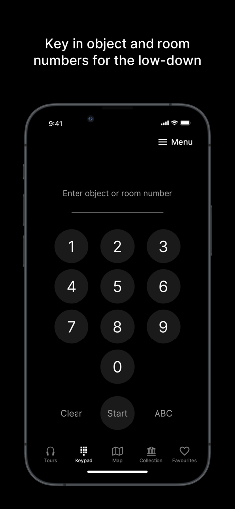 British Museum Audio - Screenshot of the British Museum Audio app showing a numeric keypad to enter object or room numbers for information