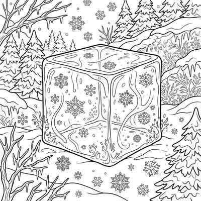 Embark on a truly unique coloring adventure with this captivating design featuring a transparent cubic mass nestled within a pristine winter wonderland. Intricate snowflakes and frosty details await your creative color choices, promising hours of serene artistic expression.