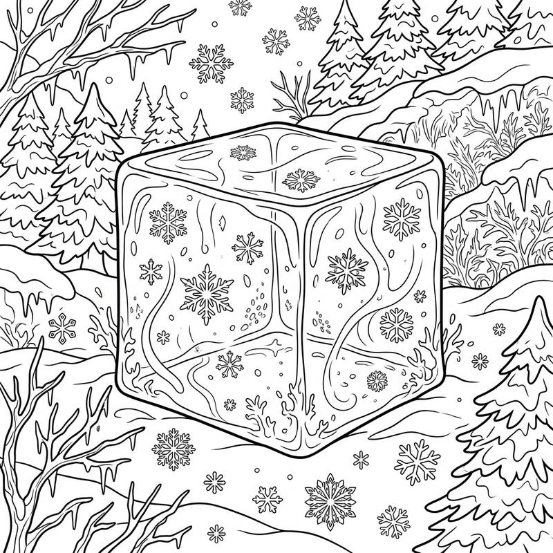 Embark on a truly unique coloring adventure with this captivating design featuring a transparent cubic mass nestled within a pristine winter wonderland. Intricate snowflakes and frosty details await your creative color choices, promising hours of serene artistic expression.