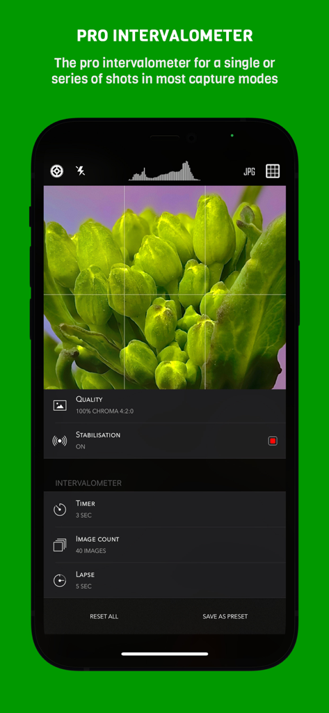 CameraPixels PRO - Professional intervalometer settings in the CameraPixels PRO app showing timer and image count controls for macro photography