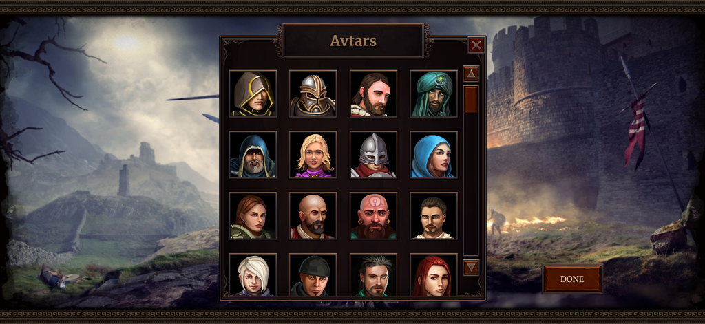 Royal Chess - 3D Chess Game - Pantalla de selección de avatares de personajes en el juego Royal Chess que muestra una cuadrícula de retratos medievales.