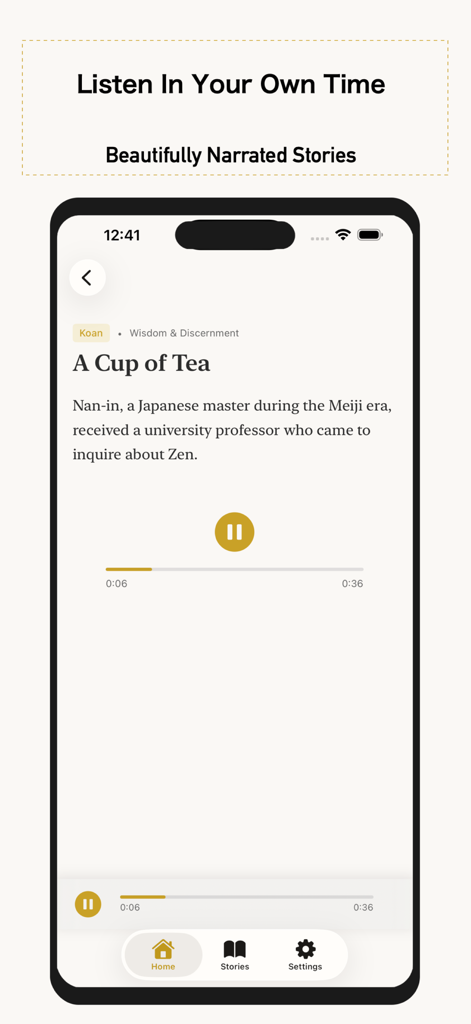 Zen Tales: Buddhist Stories - Lecteur audio de l'application Zen Tales affichant l'histoire bouddhiste Une tasse de thé avec des commandes de narration