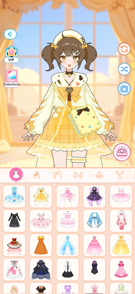 Love Idol: Beauty Dress Up - Pantalla de personalización de avatar de anime en el juego Love Idol Beauty Dress Up con varios atuendos.