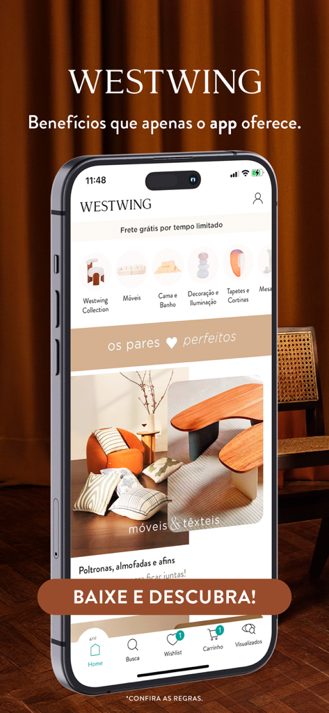 Smartphone affichant l'écran d'accueil de l'application Westwing avec des collections de meubles et de décoration d'intérieur sélectionnées