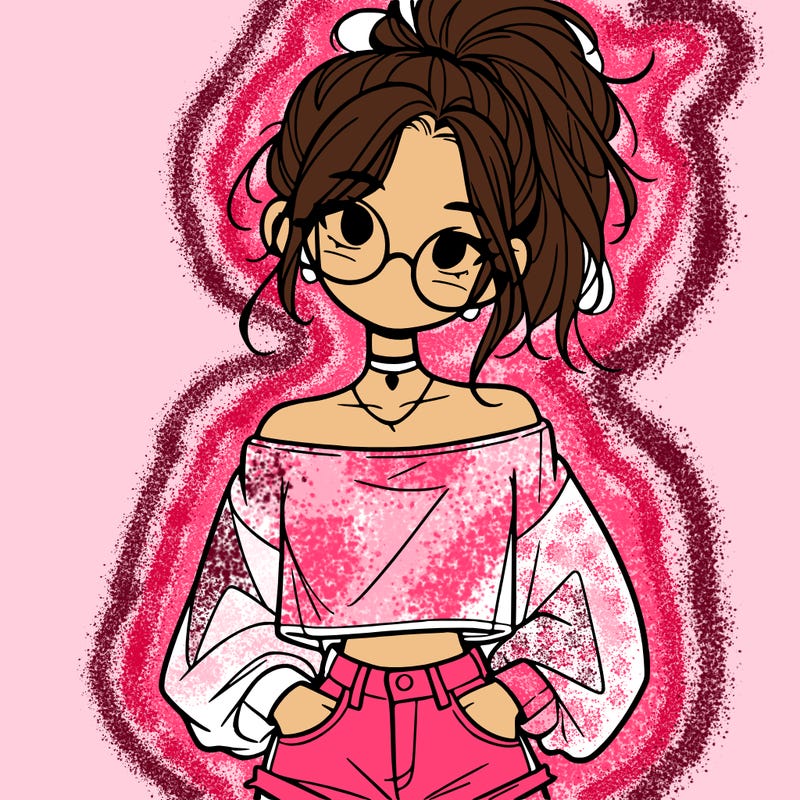 girl with a messy ponytail glasses a baggy crop top and jean shorts