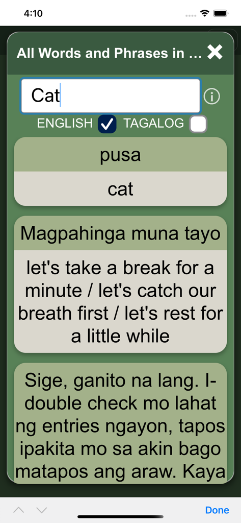 Speak Tagalog (Filipino) - Pantalla de búsqueda de la aplicación Speak Tagalog que muestra traducciones del inglés al tagalo y frases de conversación.