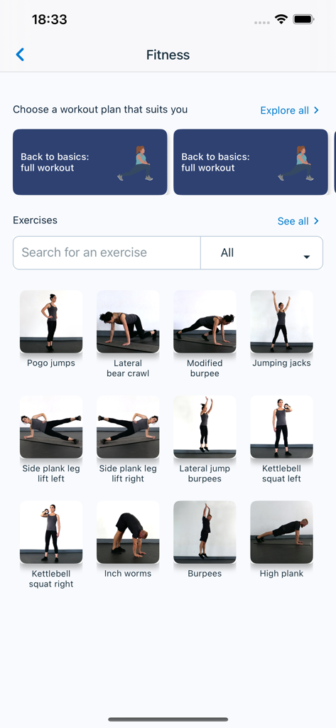 Benenden Health - Fitness dashboard in the Benenden Health app with workout plans and an exercise library featuring burpees and jumping jacks.