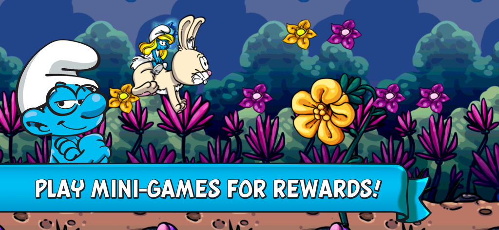 Smurfette riding a rabbit and Brainy Smurf in a colorful garden mini game screen