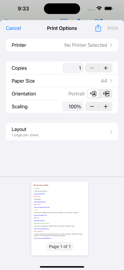 Menu de opções de impressão e visualização da lista de favoritos no aplicativo URL Manager Pro