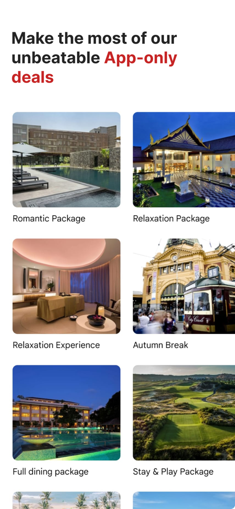 Radisson Hotels Stays - Une sélection de forfaits hôteliers et d'offres de vacances exclusifs à l'application, y compris des expériences de spa et des escapades citadines.