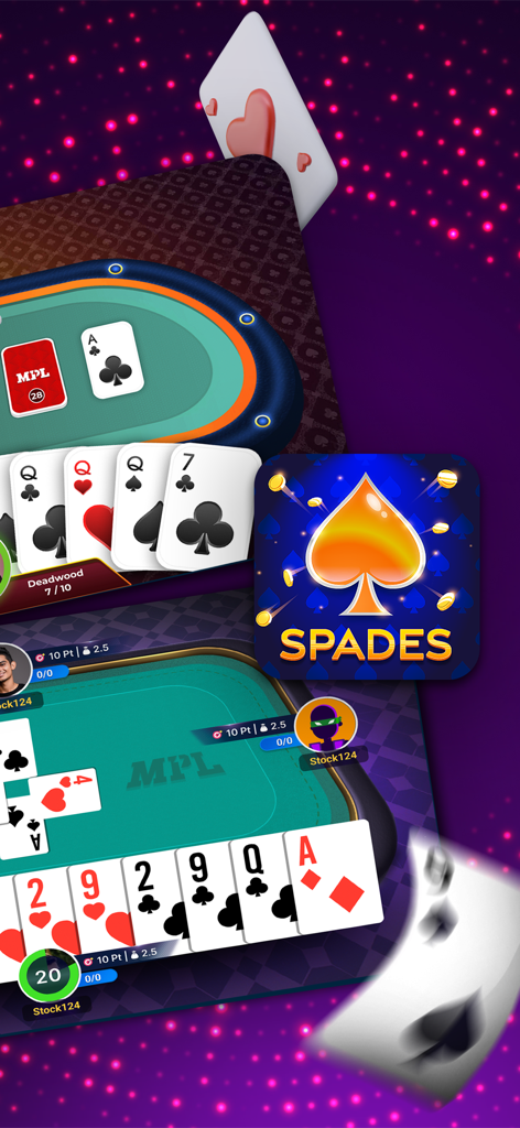 Spades card game gameplay on the MPL mobile app