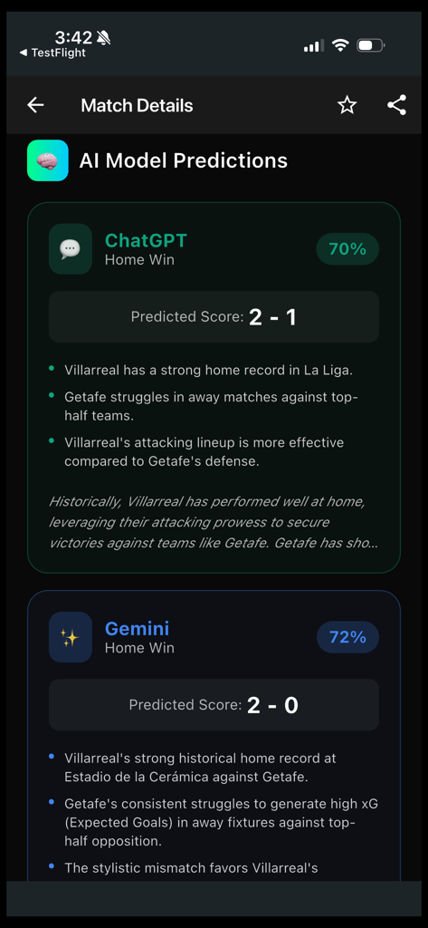 BetScore - AI Sports Analytics - A screenshot of the BetScore app showing AI model predictions from ChatGPT and Gemini for a soccer match.