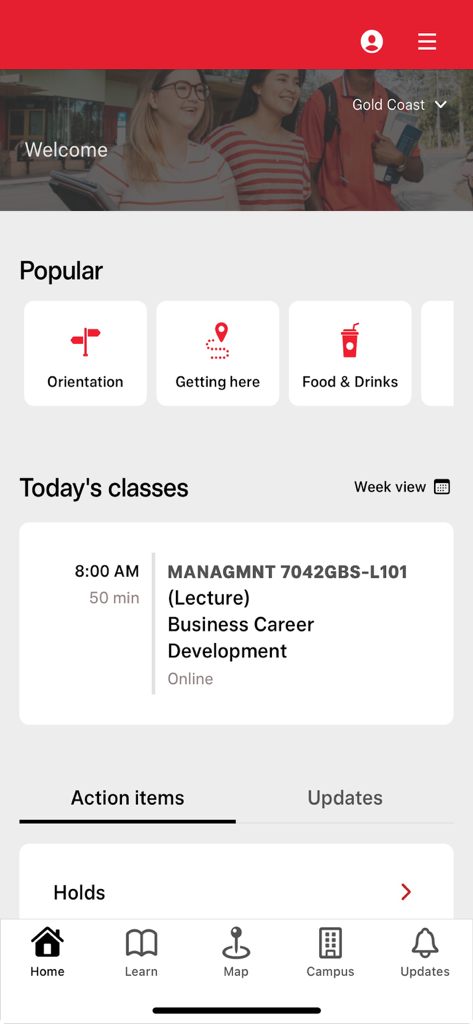 グリフィス大学モバイルアプリのダッシュボード。学生の授業スケジュールと人気のキャンパスサービスが表示されています。