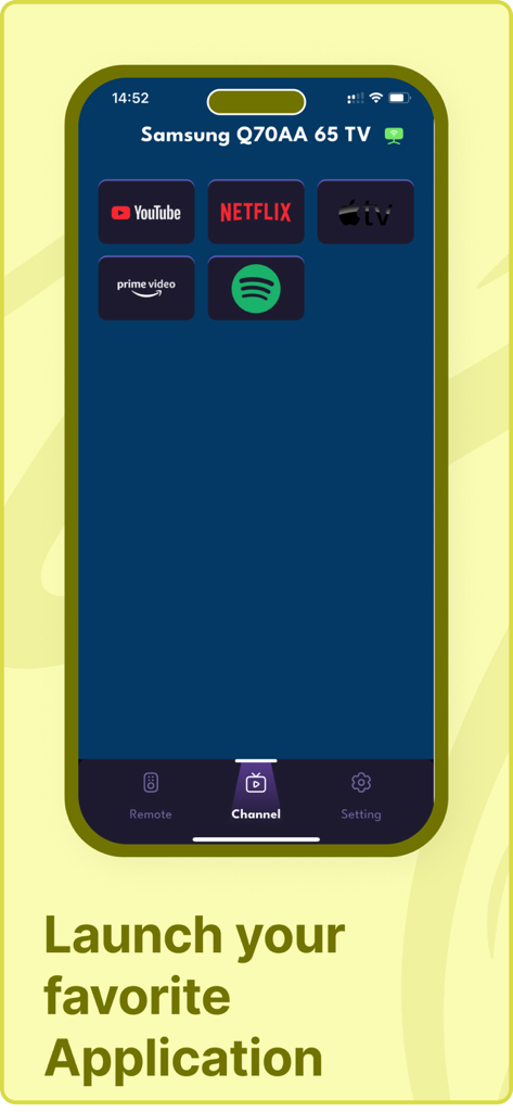 Remote Control Universal TV - Interfaz de la app de control remoto universal de TV mostrando botones de acceso directo a Netflix, YouTube y Prime Video en un TV Samsung