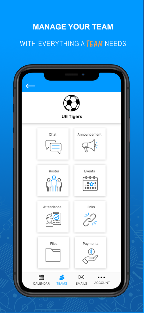 Mobiles Dashboard der TeamSideline App, das Funktionen zur Verwaltung von Sportteams anzeigt, einschließlich Chat, Kader, Ereignisse und Anwesenheit