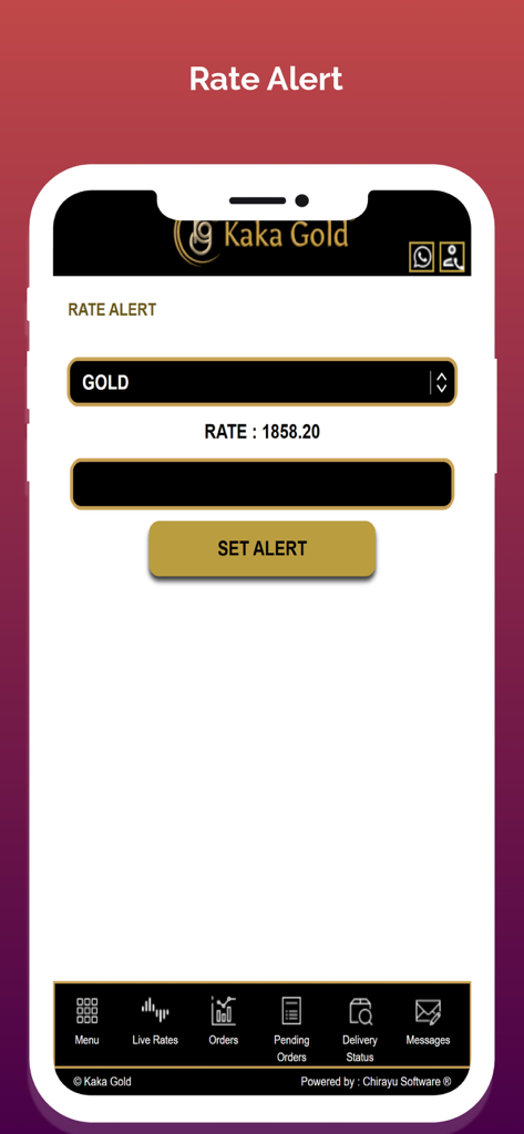 Kaka Spot - Pantalla de la aplicación móvil Kaka Spot para configurar alertas de tarifas de precios de oro con un botón de configuración de alerta