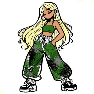 girl in baggy pants crop top and long hair