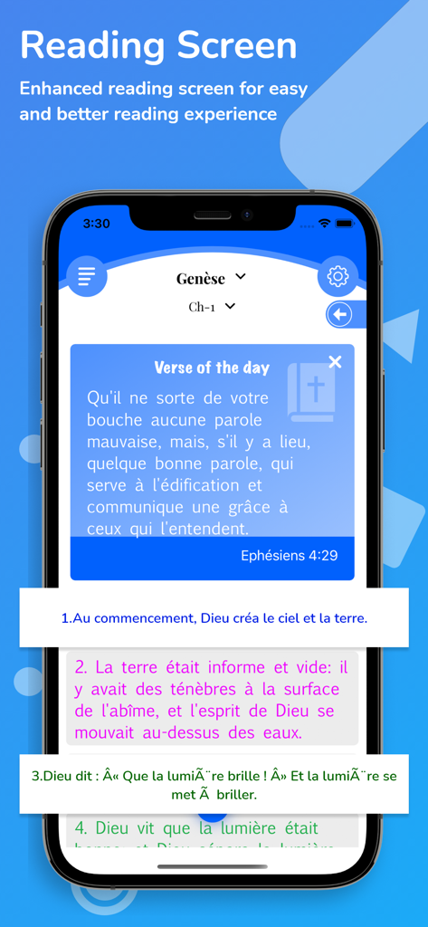 La Bible Du Semeur (BDS) - Écran de lecture de l'application de la Bible en français montrant le verset du jour et des écritures de la Genèse