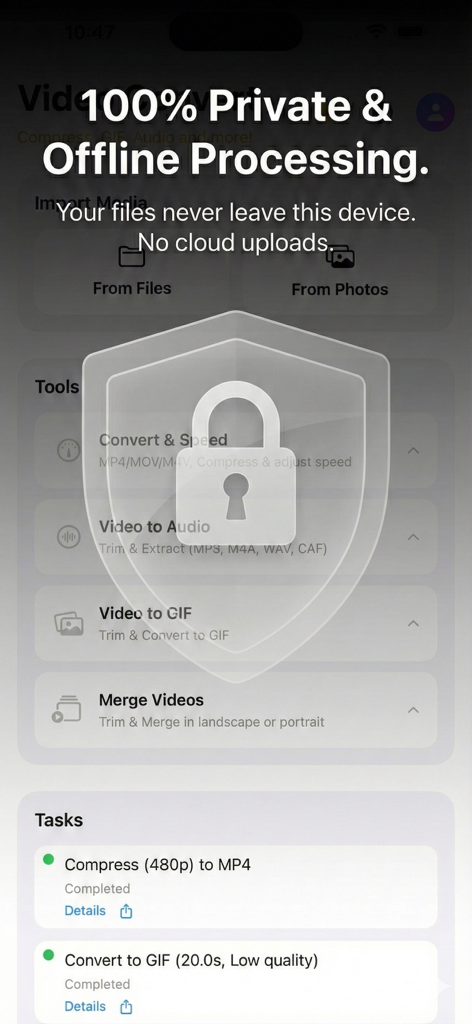 Offline Video Converter & Tool - 잠금 아이콘으로 안전하고 비공개적인 비디오 처리를 강조하는 오프라인 비디오 변환기 앱 인터페이스