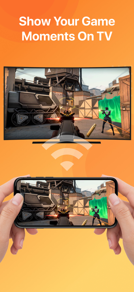 Screen Mirroring : Miracast - iPhone screen mirroring a mobile shooter game onto a large smart TV display