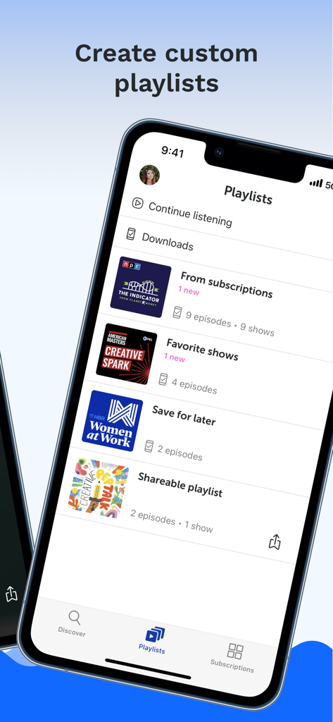 iPhoneでカスタムポッドキャストプレイリストを表示するBreakerアプリのインターフェース